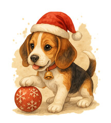 Christmas Beagle Puppy Wearing Santa Hat with Ornament