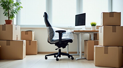 Office Moving Day Scene with Packed Cardboard Boxes and Chair Wrapped in Plastic | Business Relocation and Transition
