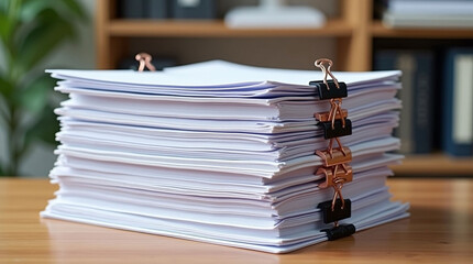Close-up of Large Stack of White Paper Documents Secured with Black and Copper Binder Clips | Office Workload and Administration