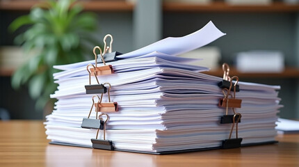 Close-up of Large Stack of White Paper Documents Secured with Black and Copper Binder Clips | Office Workload and Administration