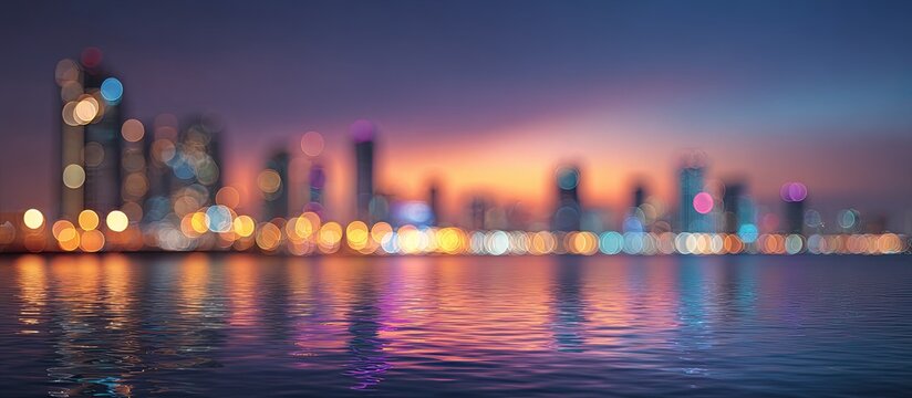Blurred cityscape reflects in rippled water at dusk, abstract bokeh - Powered by Adobe