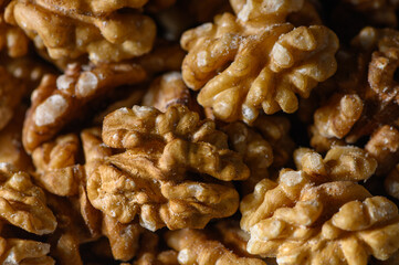 Georgian Walnut Kernels as Background Autumn Halves and Whole in Warm Light