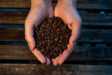 Hands Holding Roasted Coffee Beans Over Wooden Table – Warm, Organic, and Aromatic Coffee Concept