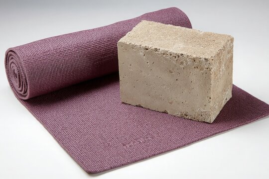 Purple yoga mat partially unrolled, rough concrete block sits firmly on its textured surface.