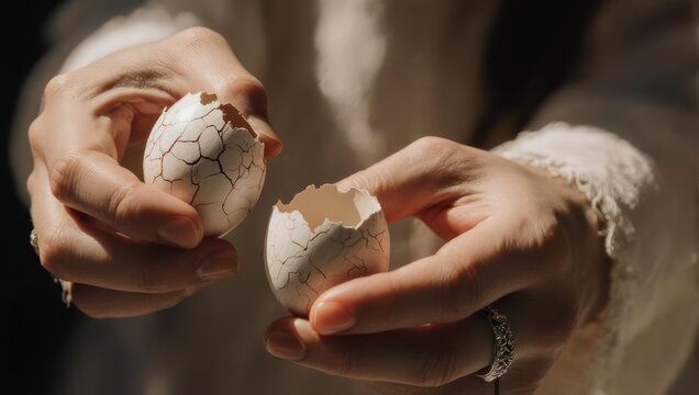 Close up of hands cracking a delicate eggshell revealing the inside of the shell.