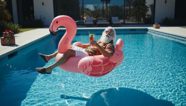 A cheerful elderly man relaxes on a pink flamingo float in a bright pool, enjoying a colorful drink under the sunny holiday atmosphere.