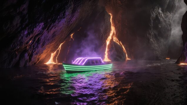 Futuristic Neon Boat Navigating a Volcanic Cave with Lava Flows.