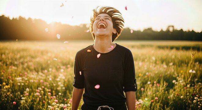 Joyful bliss in a blooming meadow, feeling pure elation, with petals falling during a golden sunset, experiencing radiant happiness.