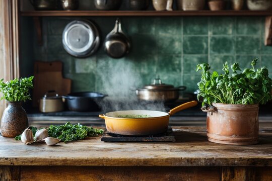 Herbs and spices on rustic kitchen table