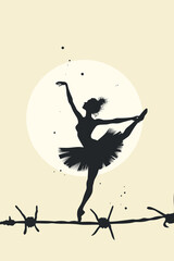 Fototapeta premium Silhouette of a ballerina dancing gracefully on barbed wire, symbolizing strength, resilience, and beauty in struggle, with the moon as a backdrop of hope and freedom.