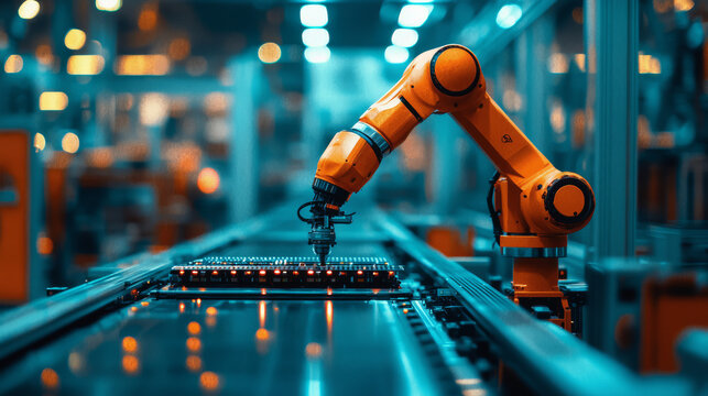 Orange Robotic Arm Assembling Electronics On A Conveyor Belt In A Factory