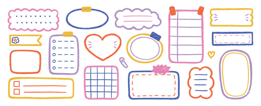 Crayon memo text boxes and doodle frames set. Pencil stickers for planners, note frames in sketch style. Grunge textured hand drawn illustrations isolated on white background.