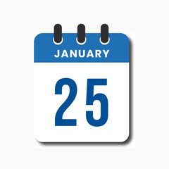 Flat blue January 25 calendar icon, perfect for business planner, UI, and productivity design.