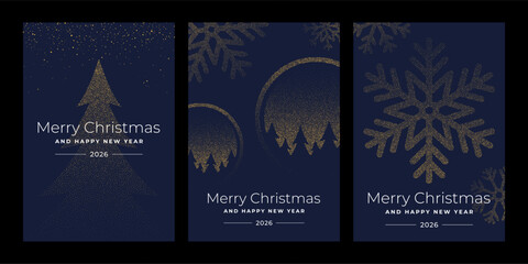 Collection of Christmas and new year greeting card design with dotted golden tree, bauble, snowflake on blue background for celebration.