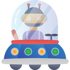 Cartoon Robot Pilot Driving a Spaceship Vehicle with a Blue and Red Hull and Colorful Lights on a Transparent Background