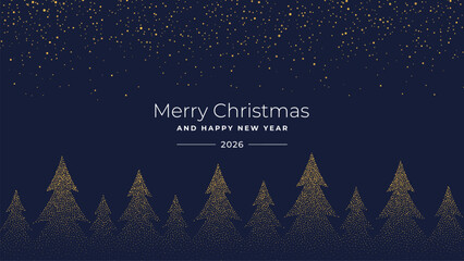 Merry Christmas and Happy New Year 2026 vector greeting card or banner with golden festive trees and glitter on a dark blue background.