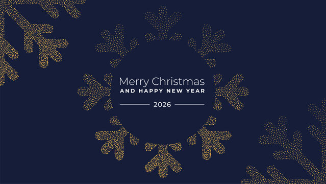 Merry Christmas and Happy New Year 2026 vector greeting card illustration with decorative dotted gold snowflake pattern on a dark blue background.
