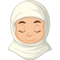 Cartoon Portrait Of A Young Girl Wearing A White Hijab With Her Eyes Closed Smiling Gently Peaceful Expression Neutral Background