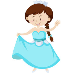 Cartoon Princess Waving Hand Wearing Blue Gown and Pearl Necklace with Braided Hair and Tiara Standing on Transparent Background