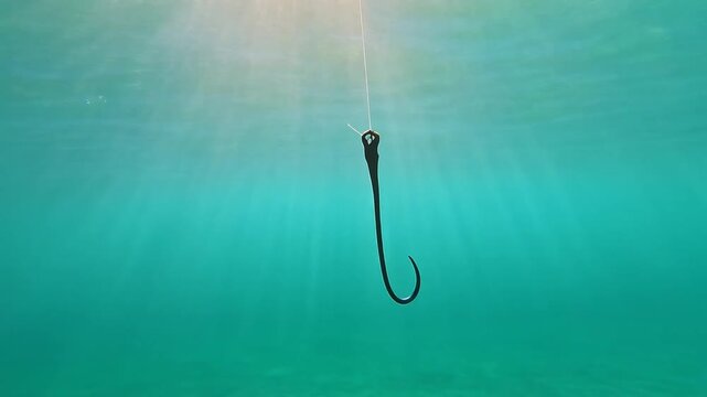 Fishing hook and line drifting quietly underwater, surrounded by clear turquoise sea. Sunbeams shining through, concept of patience and waiting. Close-up.