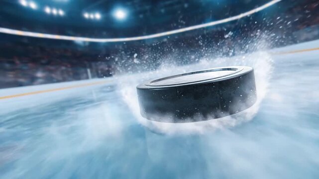 VIDEO 4K Hockey puck flying toward the net, ice sparks and motion blur, decisive goal moment hockey, goal, puck, ice, net, energy, power, victory, action, motion, competition