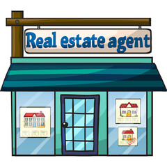 Cartoon Real Estate Office Building With Signage Advertising Properties On Windows And Glass Door