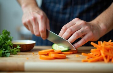 Woman slicing cucumber on wooden cutting board with chopped carrots and fresh herbs