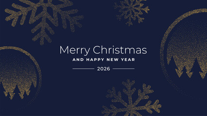 Merry Christmas and Happy New Year 2026 greeting card with golden snowflake and tree design on a dark background for December celebration.