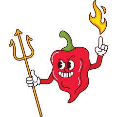 Cartoon Red Chili Pepper Character Dressed as Devil Holding a Trident and with a Flame on Top of its Head