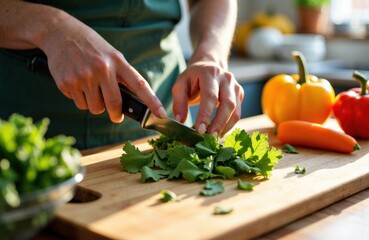 Woman chopping fresh leafy greens on wooden cutting board in a bright kitchen with colorful vegetables