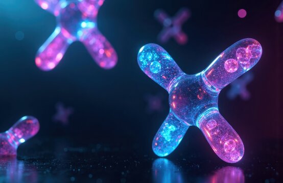 Colorful glowing molecular models with vibrant pink and blue hues on dark background