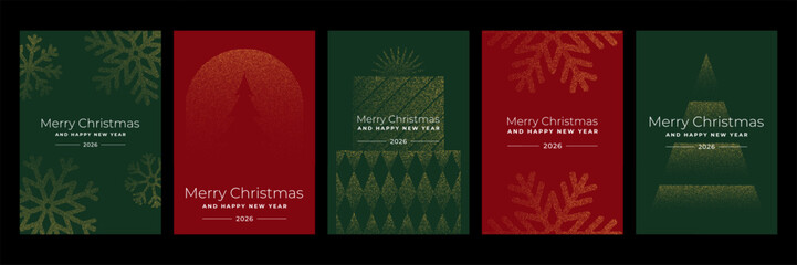 Collection of christmas and new year greeting card design template with abstract dotted patterns. Modern festive holiday season vector illustration.