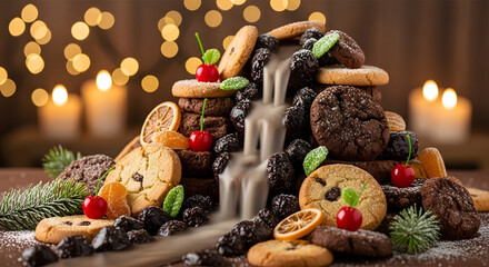 Panoramic view of chocolate waterfall flowing over towers of cookies and chocolate “stones”, decorated with sugar fruits and edible pine sprigs, background with diffused Christmas lights and candles.