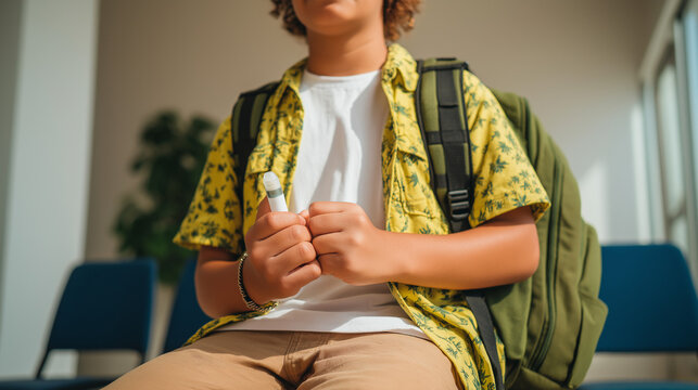 A young boy holding an asthma inhaler while sitting in a waiting room. Unrecognizable student with a backpack managing a respiratory condition