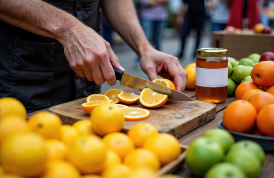 Woman slicing oranges at a market stall with fresh apples and jars of honey