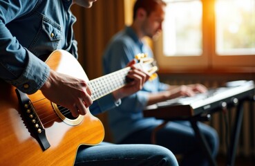 Fototapeta premium A man playing acoustic guitar while another person is playing keyboard in a cozy indoor setting