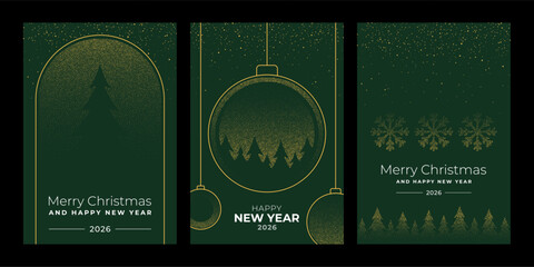 Set of modern christmas and new year vector design with gold dotted pattern. Holiday greeting card design. Minimalist winter celebration art for banner.