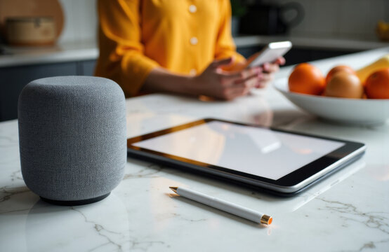 Smart speaker and tablet on kitchen countertop with a person using a smartphone in the background