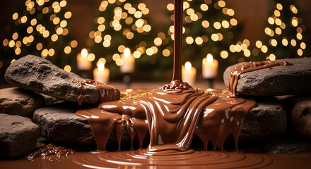 Melted chocolate waterfall cascading over rustic stones, Christmas trees with golden lights and candles in the background.