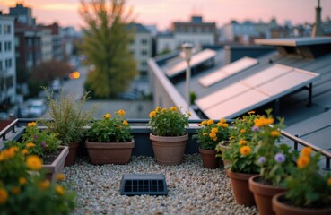 Obraz premium Colorful potted flowers on rooftop terrace with cityscape in the background during sunset