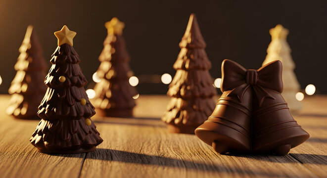 Christmas chocolate sculptures (trees, bells) on rustic table, illuminated by soft golden light - Powered by Adobe