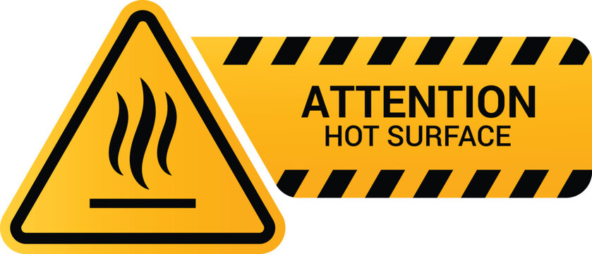 Attention hot surface hazard warning sign, yellow danger triangular icon with steam symbol