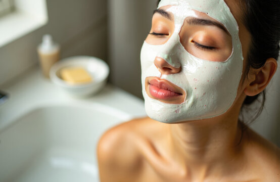 Woman with facial mask relaxing in spa or skincare treatment setting