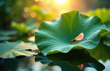 Close-up of a dragonfly resting on a large green lotus leaf in a tranquil pond scene