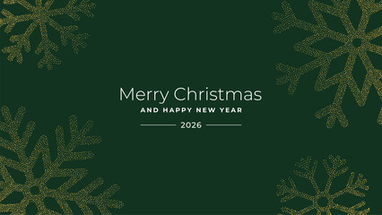 Merry Christmas and Happy New Year 2026 greeting card for holiday celebration with elegant golden snowflake design.