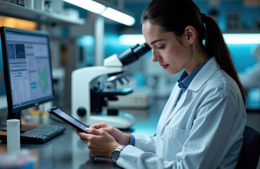 Woman scientist using a tablet in a laboratory setting with a microscope and computer screens
