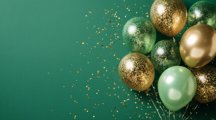 Colorful balloons and shimmering confetti create a festive scene for celebration events or parties in a vibrant setting