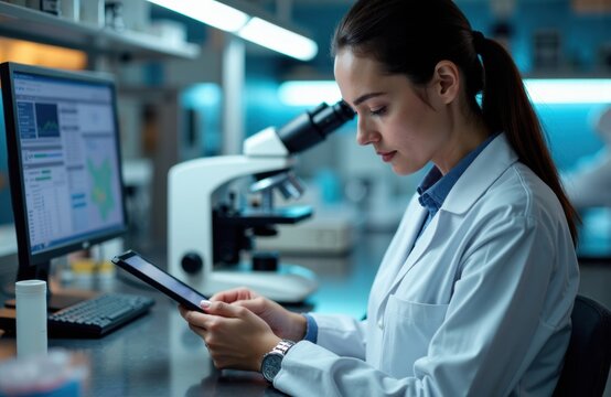 Woman scientist using a tablet in a laboratory setting with a microscope and computer screens