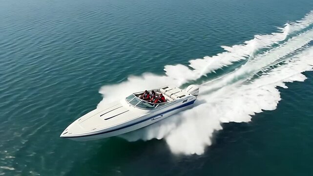 Experience the thrill of high-speed boating on crystal-clear waters with this dynamic speedboat