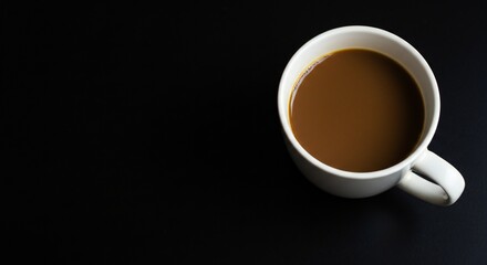 A white coffee cup filled with brown coffee sits on a black surface, creating a stark contrast. The composition is minimalistic, emphasizing the cup as the main subject.
